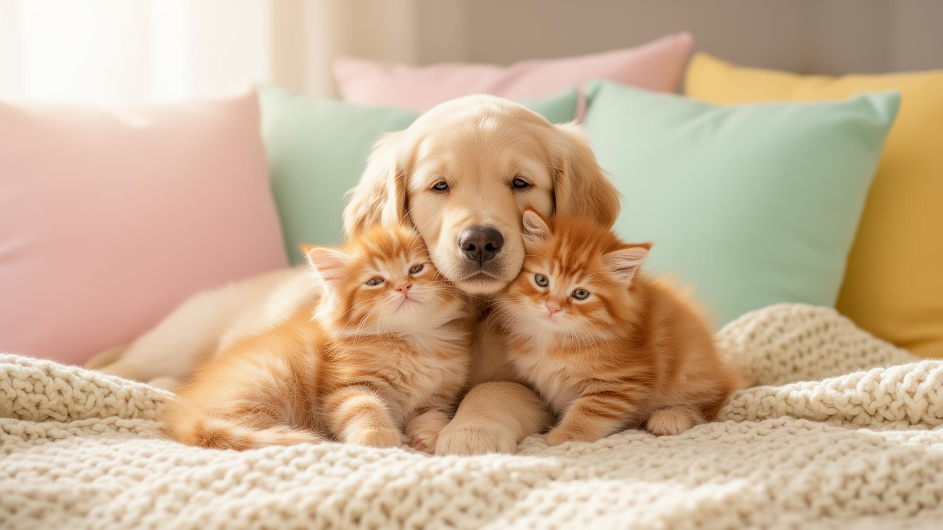 Golden retriever puppy snuggling with two fluffy ginger kittens on a cream knit blanket